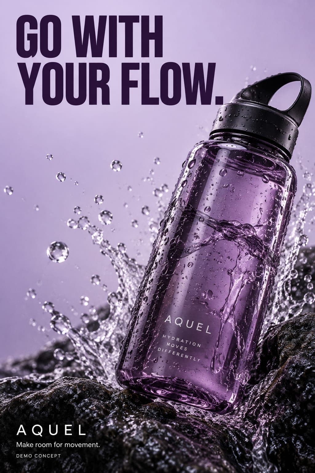 Demo poster for Aquel: a lilac water bottle caught in a splash of water, headed “Go with your flow.”
