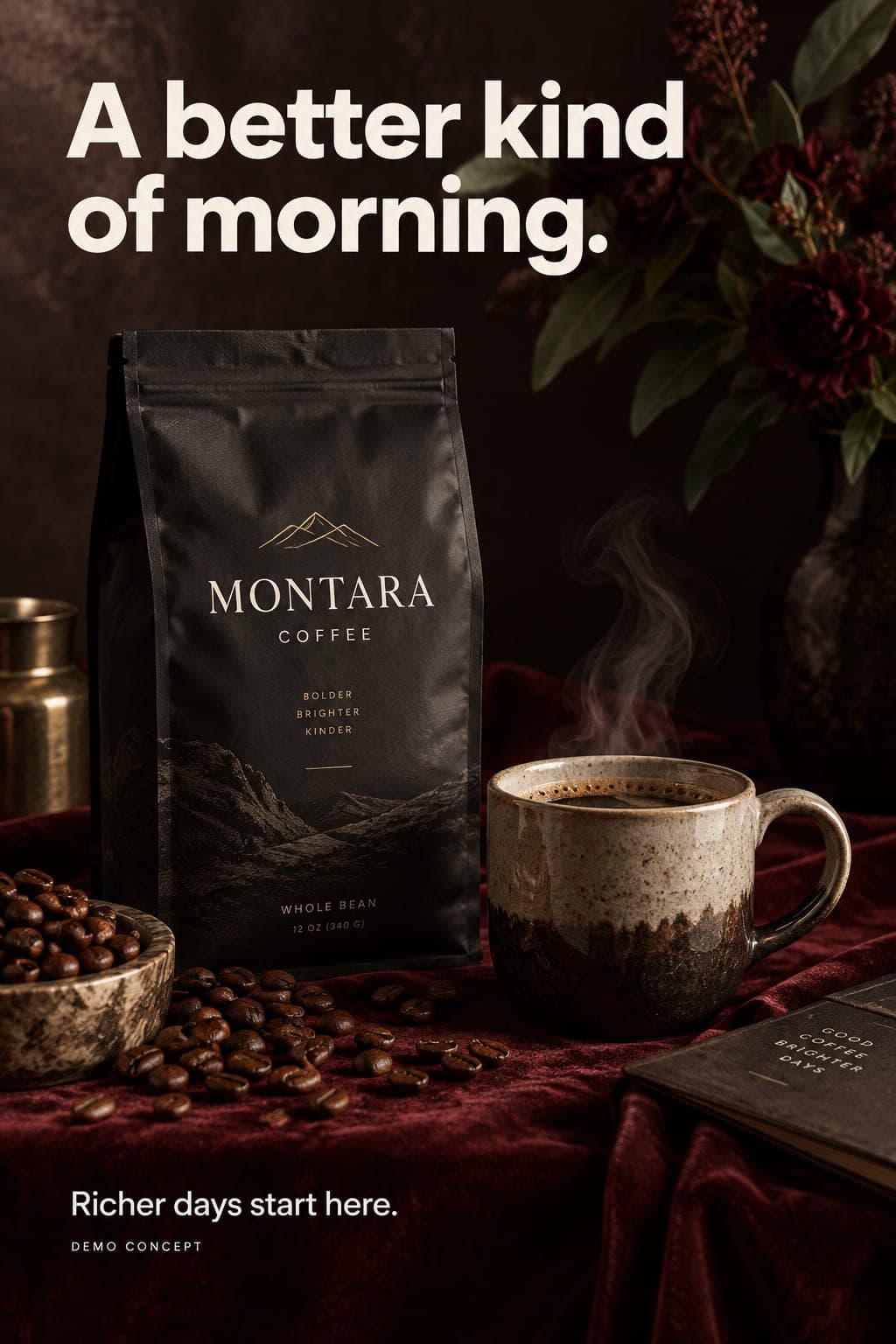 Demo poster for Montara Coffee: a dark burgundy still life of a bag of beans and a stoneware mug, headed “A better kind of morning.”