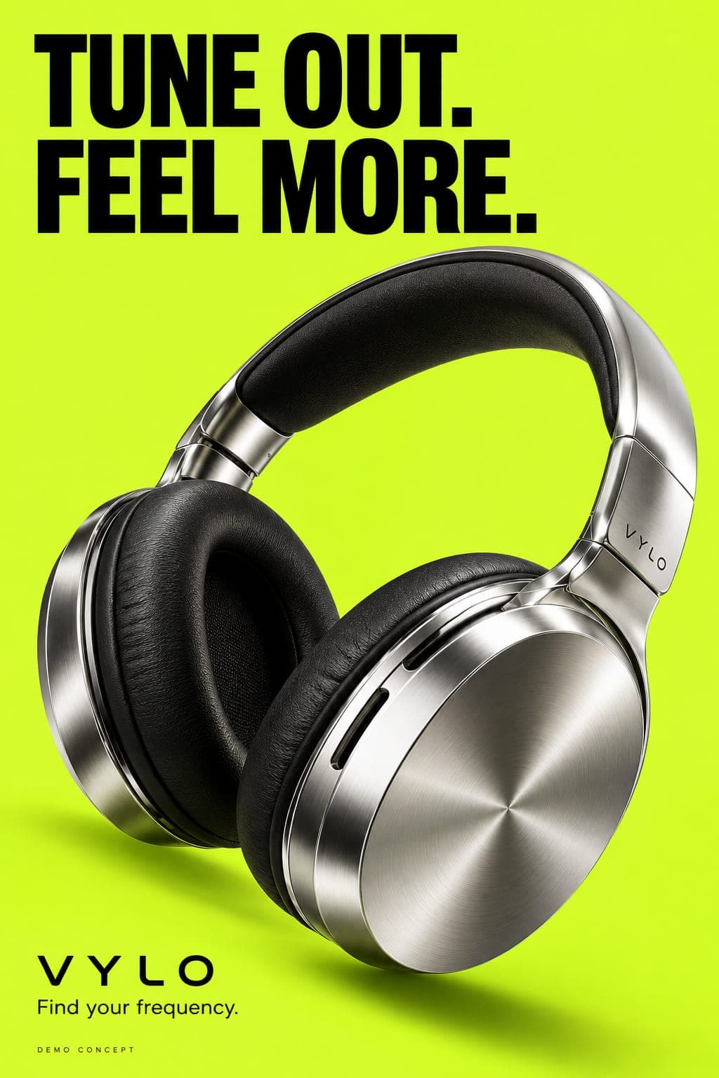Demo poster for Vylo headphones: chrome over-ear headphones on an electric lime field, headed “Tune out. Feel more.”