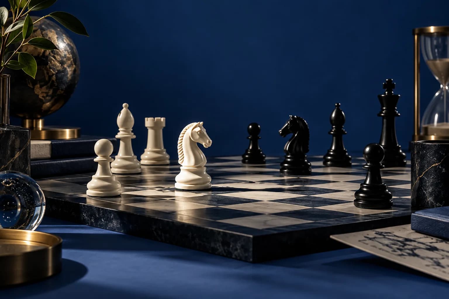 A chessboard mid-game with a white knight caught in the light