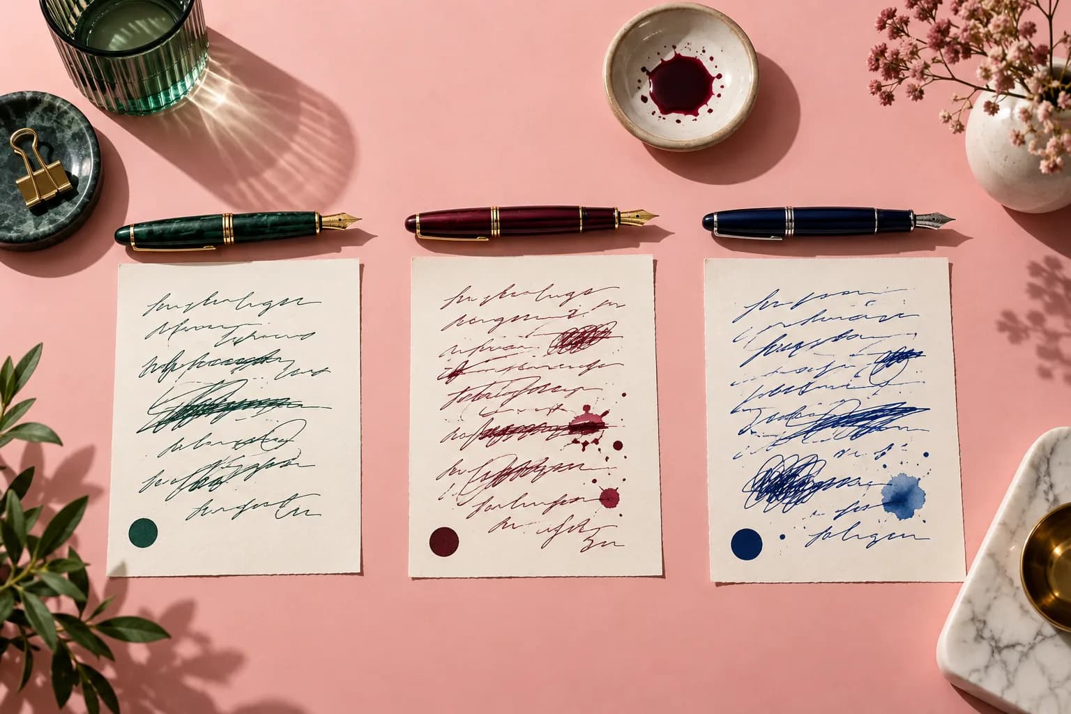Three fountain pens above three handwritten drafts on a pink backdrop