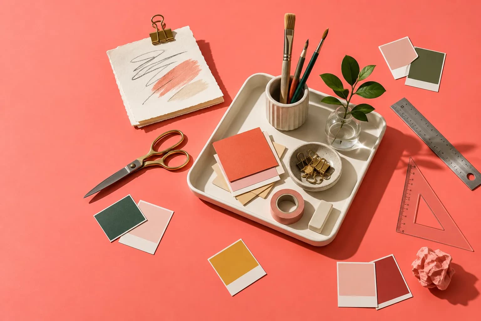 Design tools gathered into a single white tray on a coral backdrop