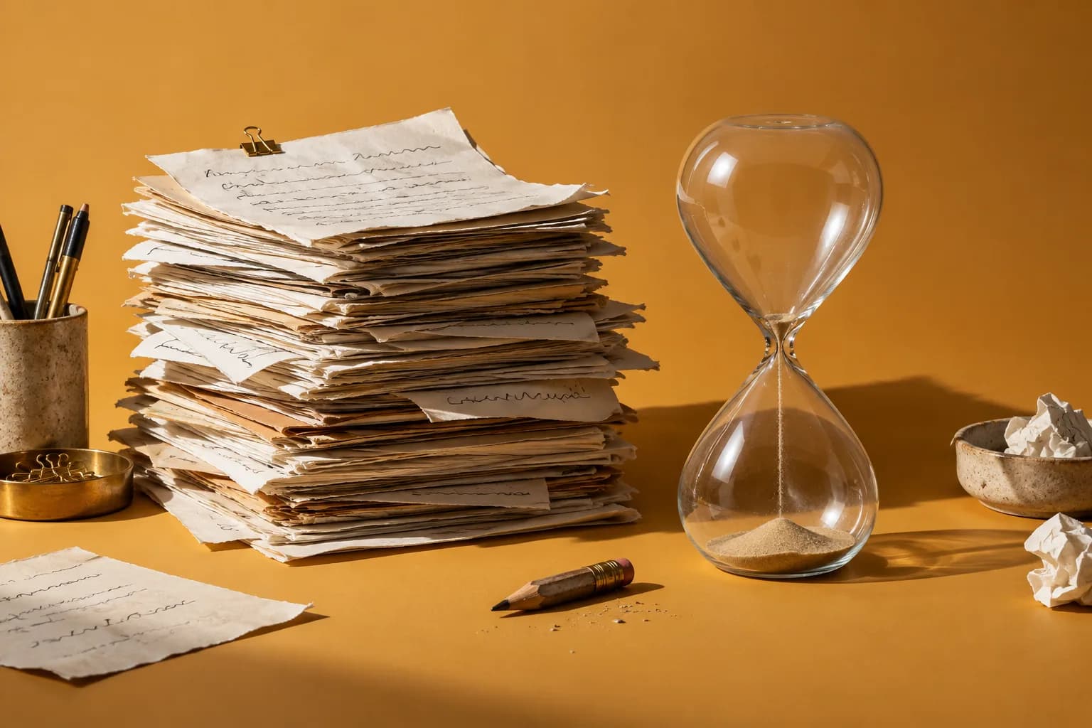 A messy pile of handwritten pages beside an hourglass that has nearly run out