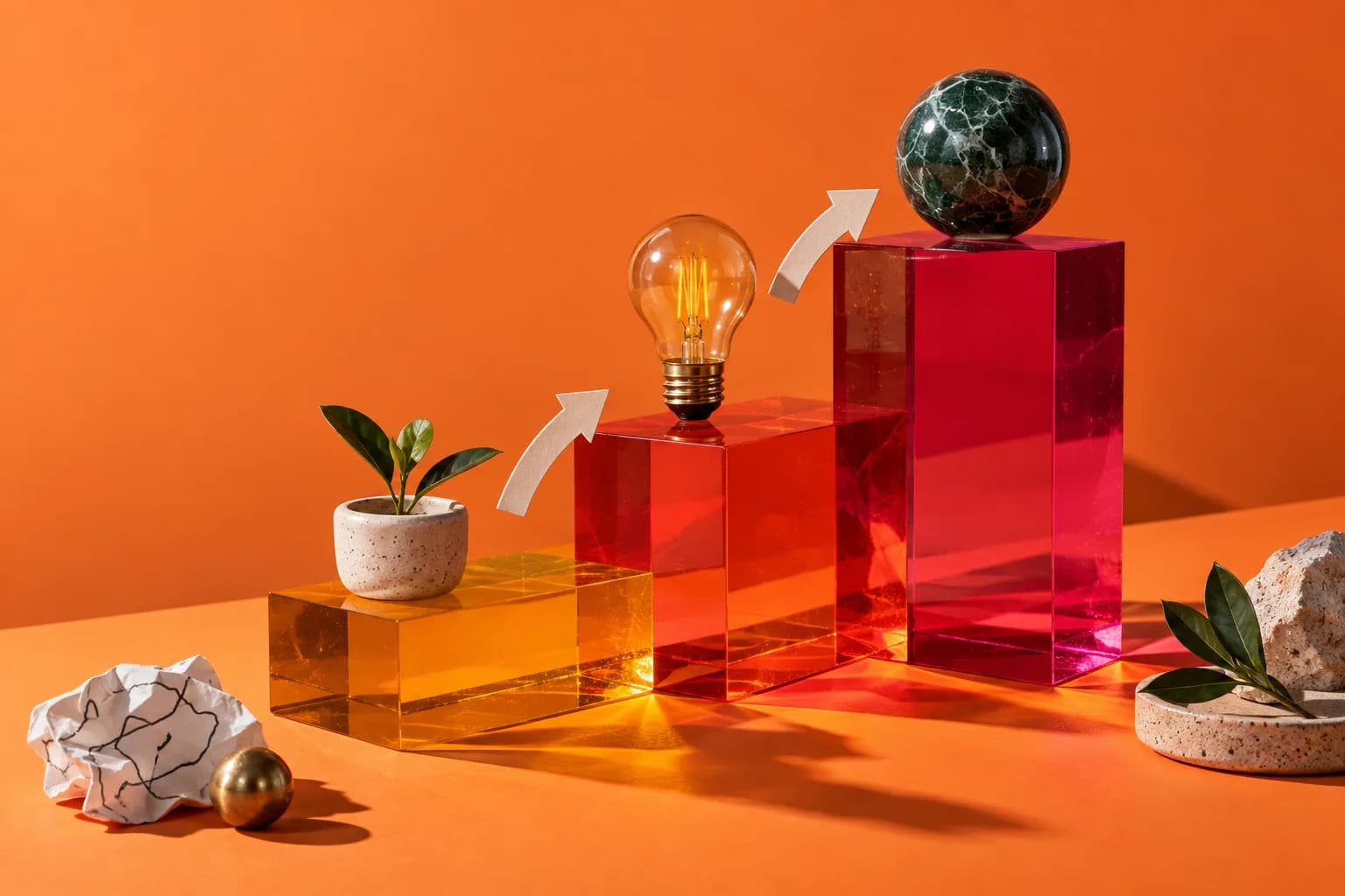 Three translucent blocks arranged as rising steps on an orange backdrop