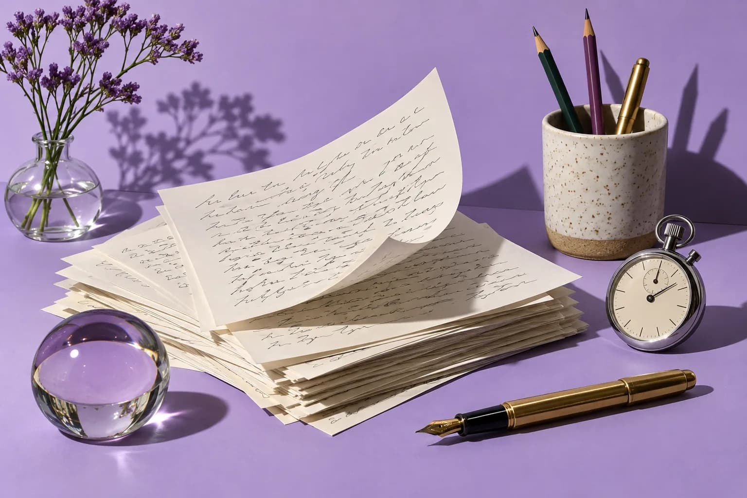 Manuscript pages, a fountain pen and a stopwatch on a lavender desk