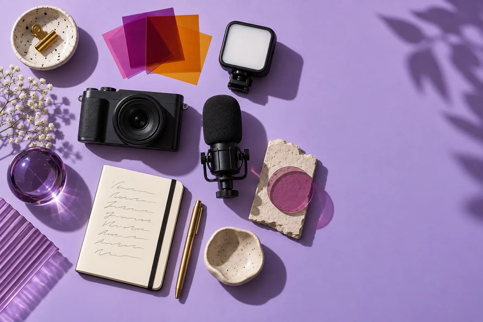 A camera, microphone, notebook and small light laid out on a lilac backdrop