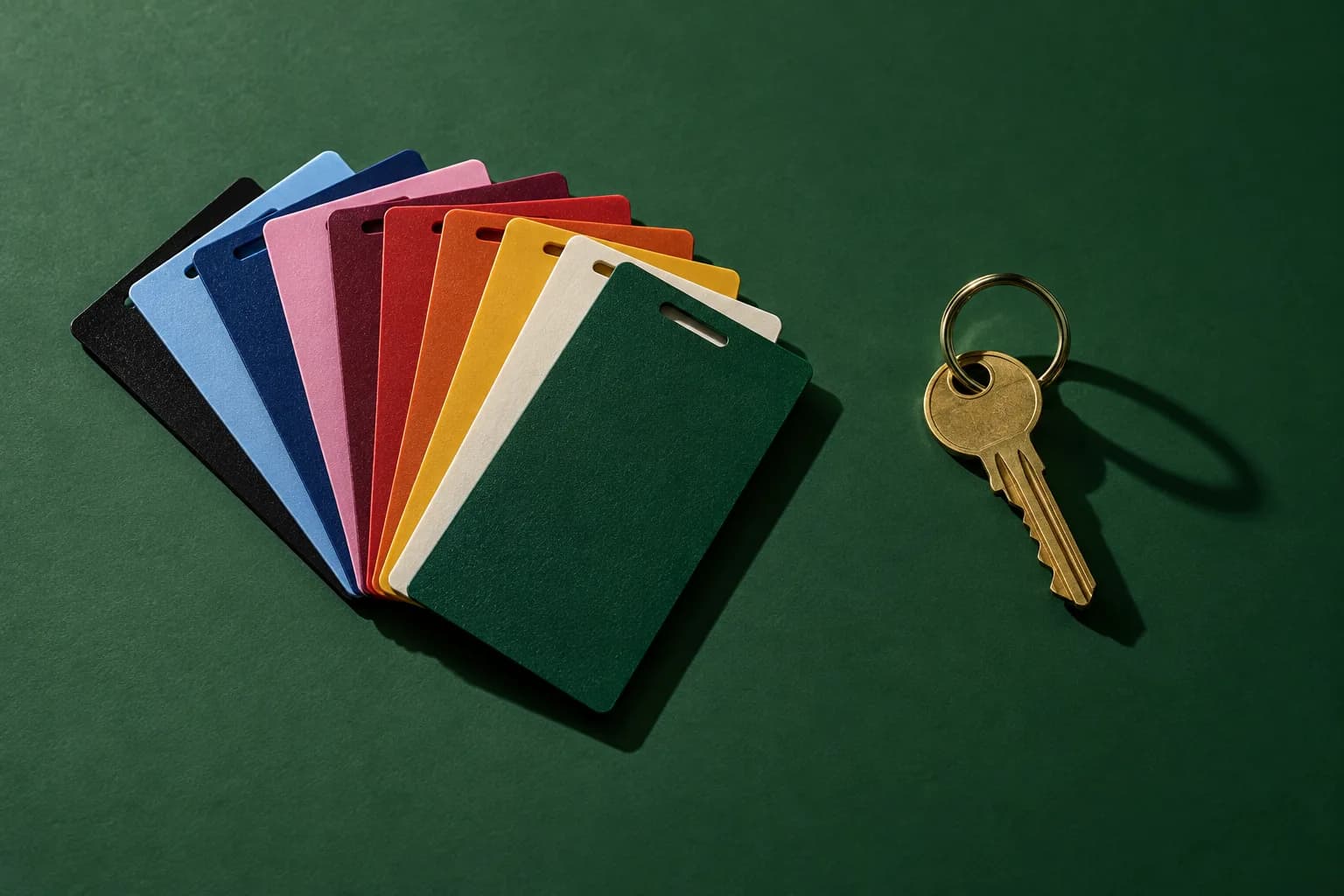 Ten key cards fanned out beside a single brass key