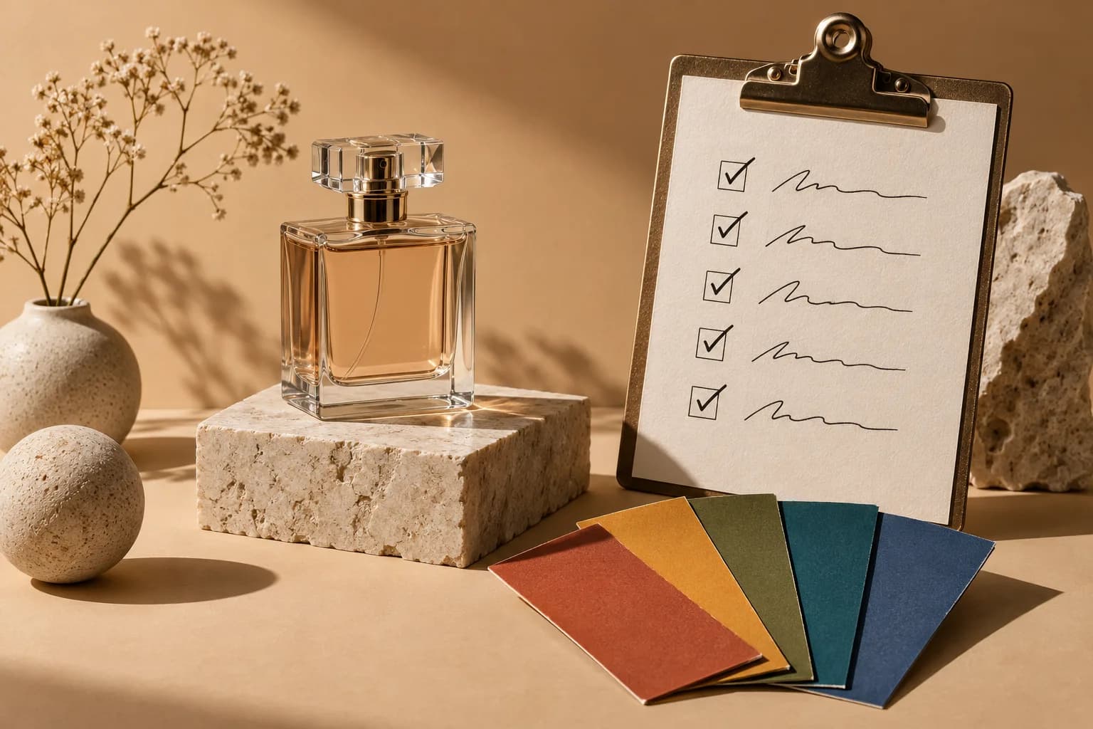 A perfume bottle on a pedestal beside a creative brief and colour swatches