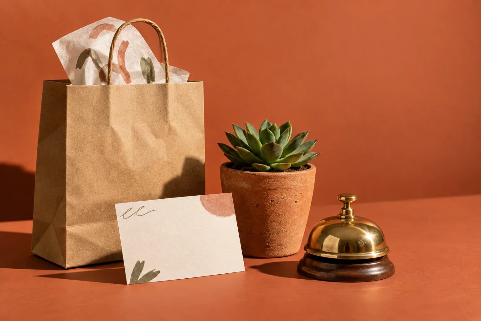 A paper shopping bag, a stamp card, a plant and a service bell on a shop counter