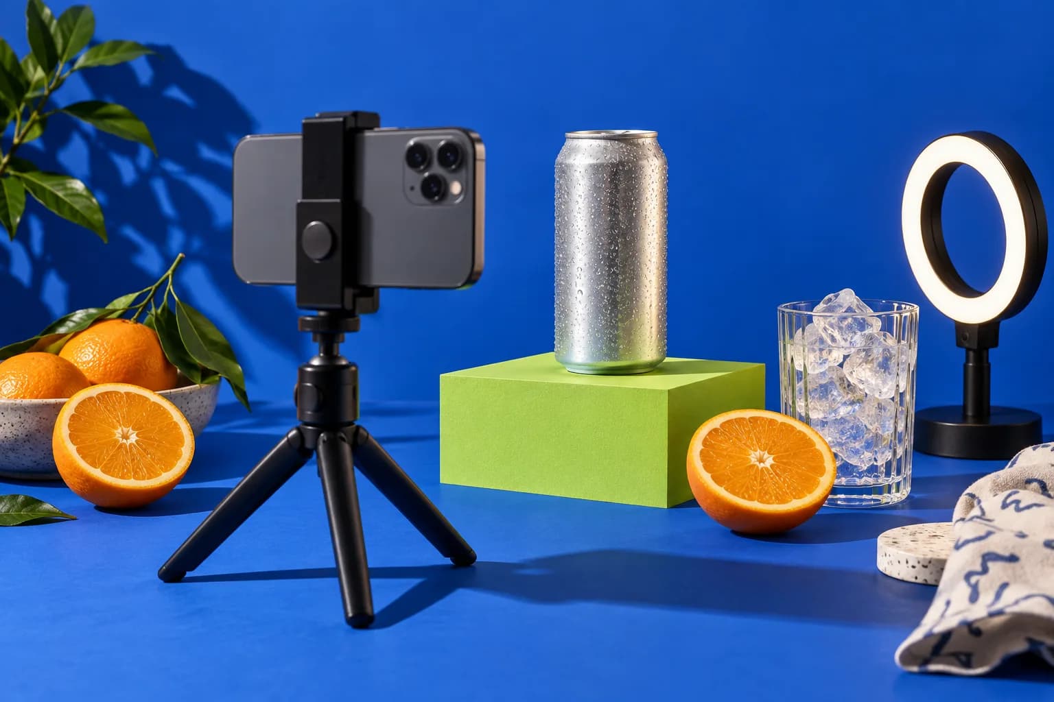 A phone on a tabletop tripod filming a drinks can on a green block, with oranges and a ring light