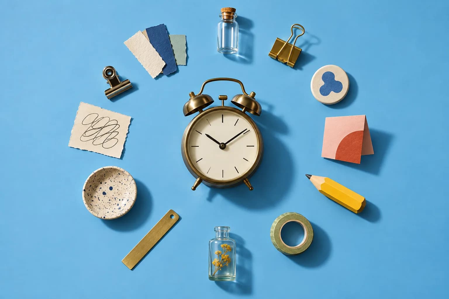 An alarm clock circled by twelve small desk objects like hours on a clock face