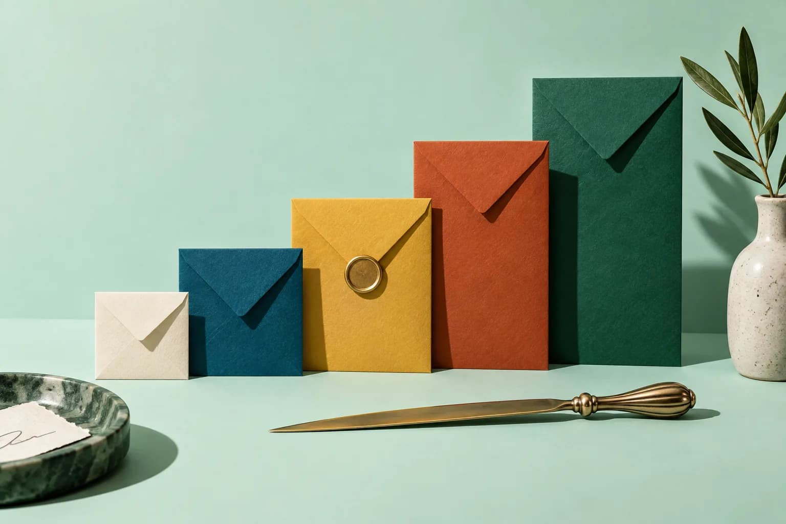 Five envelopes standing in a row from shortest to tallest