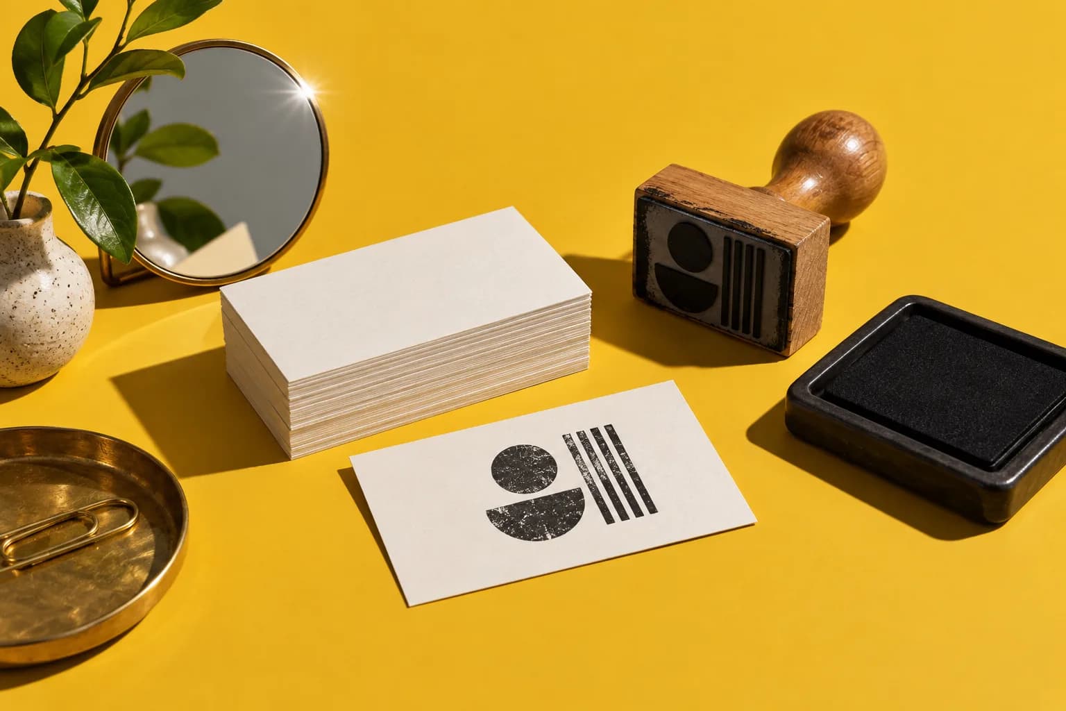 A rubber stamp, ink pad and blank business cards on a mustard backdrop