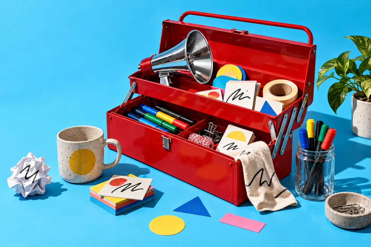 An open toolbox holding a small megaphone, stickers and markers