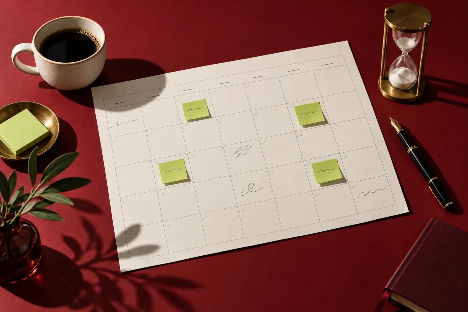 A blank monthly planner with sticky notes, coffee and a sand timer