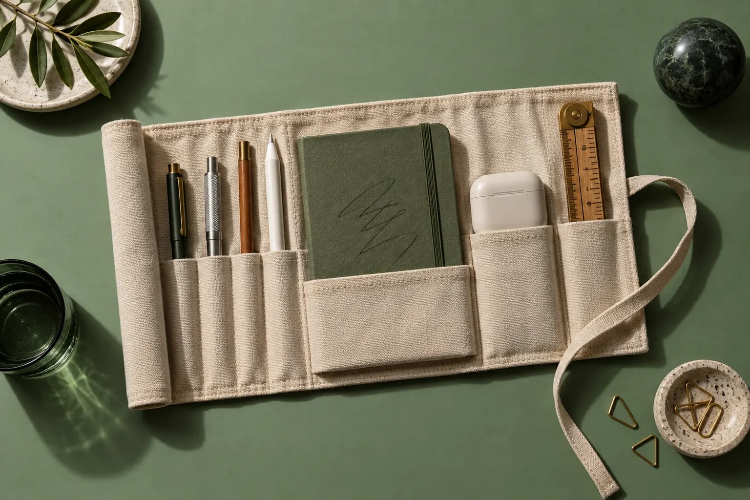 A canvas tool roll holding pens, a notebook and small work tools