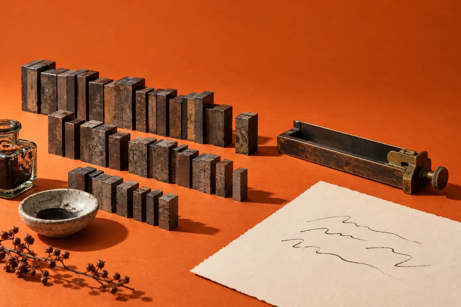 Antique letterpress type blocks and a sheet of paper on an orange backdrop