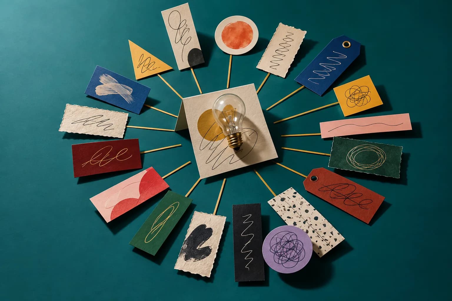 One card with a glass bulb surrounded by fifteen smaller cards fanning outward