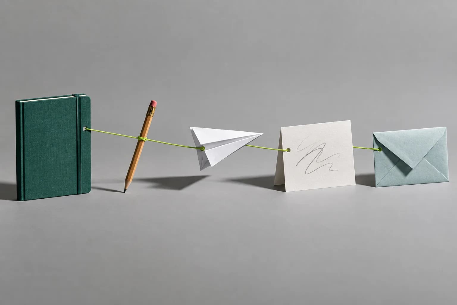 Five small desk objects in a row, linked by one green thread